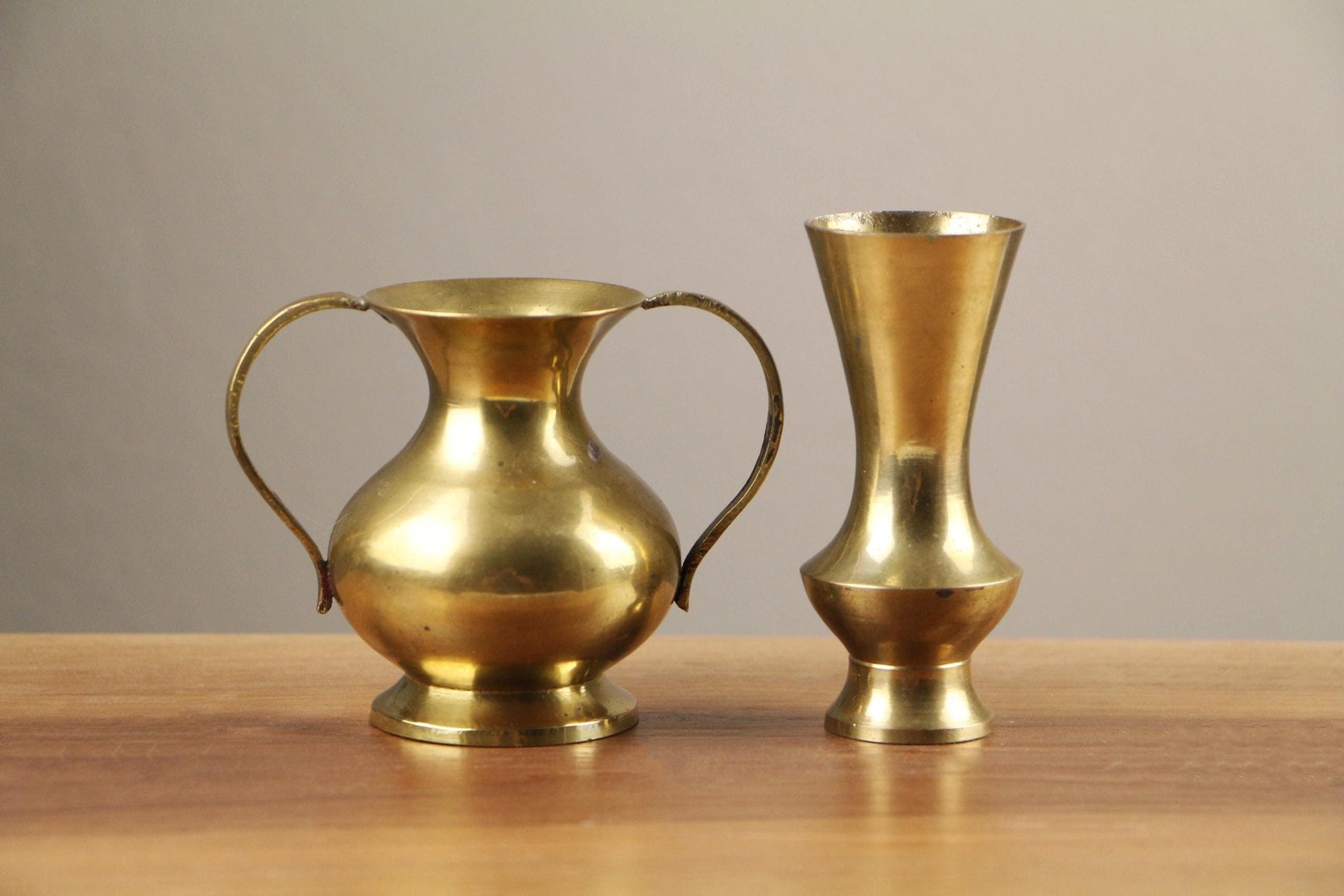 Set of vintage brass petite pitcher and vase / small brass decor