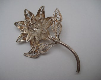 Vintage Silver Filigree Flower Brooch Stamped 925