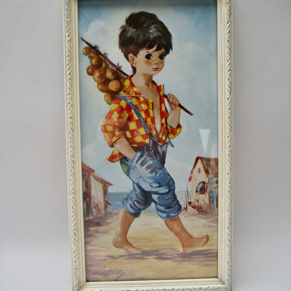 Vintage 1960s Dallas Simpson Print Big Eyed Boy Kitsch Homeware