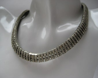 Rare Vintage Art Deco Esha Randel Signed Silvertone & Diamante Choker Necklace Sparkle Hollywood Glamour