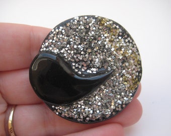 Vintage 1980s Ceramic Circle Brooch Black and Glittery Sparkle