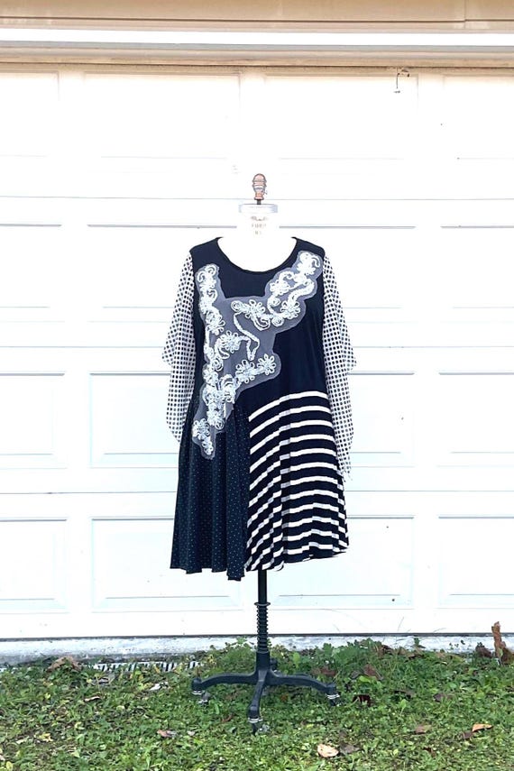 Plus Size Upcycled Boho Tunic Dress: Black & White Lace, 2x-3x