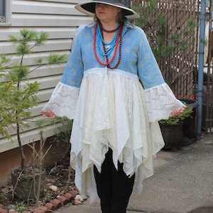 Boho Lace Duster: Upcycled Denim Jacket, Bell Sleeves (XL)