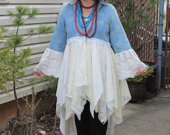 Boho Lace Duster: Upcycled Denim Jacket, Bell Sleeves (XL)
