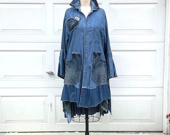 Plus size Denim Duster: Up cycled Whimsical goth coat
