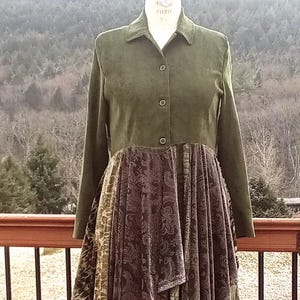 Upcycled Green Velour Duster Coat: Layered Boho Fairy Clothing (Lg)