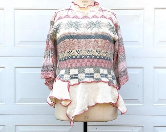 Hand Knit Boho Sweater: Upcycled Retro Pullover, Wide Sleeve XL-2X