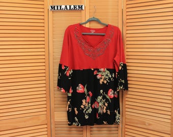 Red black tunic dress XL-1X: Babydoll V-neck Up cycled top