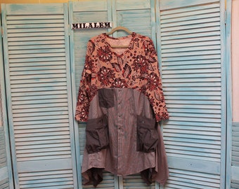 Upcycled tunic shirt dress  XL-1X Pockets dress Boho country top