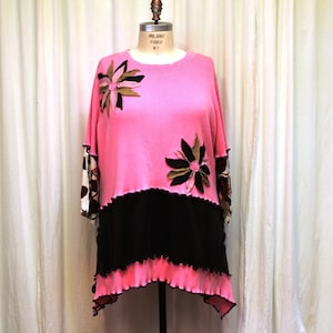 Plus Size Cotton sweater with Flower appliqué Handmade Up cycled clothing