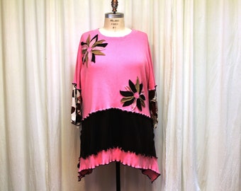 Plus Size Cotton sweater with Flower appliqué Handmade Up cycled clothing