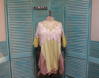 Plus Size Boho Tunic Dress: Upcycled Plaid Shirt Top, 2X