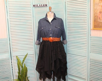 Denim Duster: Black Lace Layered Jacket, XL-1X Boho Hippie Style