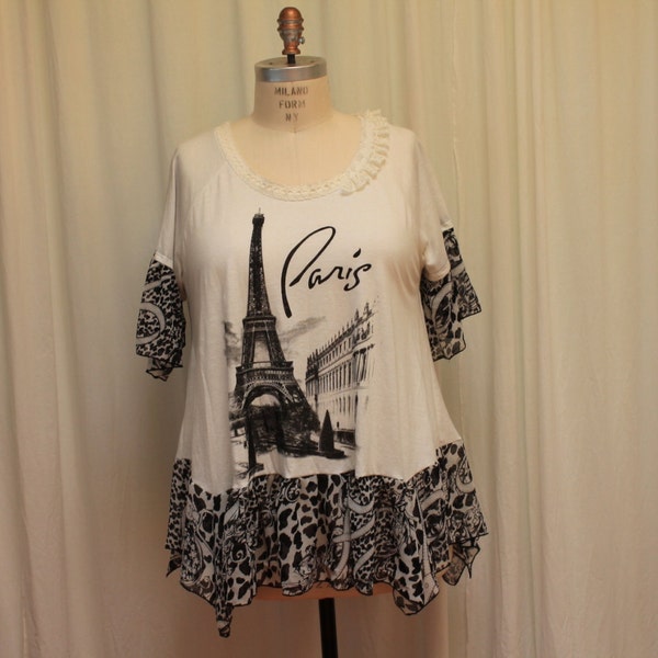 White summer top Romantic blouse Little white dress Lagenlook  Boho Hippie tunic Shabby dress Eiffel tower  Paris women top Upcycled 1X-2X