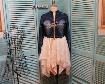 Giacca spolverino in pizzo di jeans: stile hippie a strati boho (M-L)
