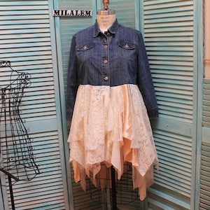 Boho Lace Duster: Upcycled Denim Jacket, XL Tattered Romantic Top