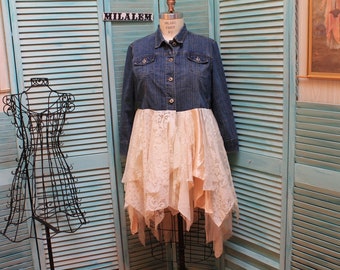 Boho Lace Duster: Upcycled Denim Jacket, XL Tattered Romantic Top