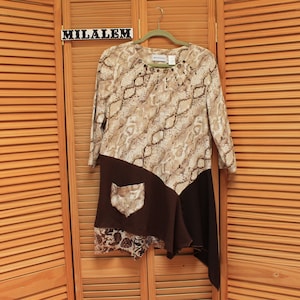 Animal print tunic L-XL Patchwork Shabby Boho chic Women&#39;s casual Lagenlook Refashion Funky tunic Cotton top up-cycled Recycled clothing