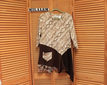 Up cycled Animal Print Tunic: Shabby Chic Boho Lagenlook Top