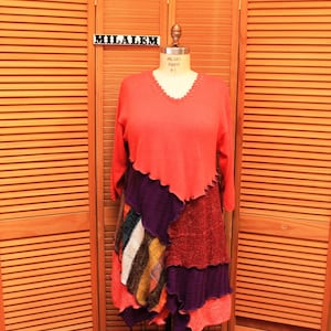 Upcycled Boho Sweater Dress: Color Block Tunic, Large-XL
