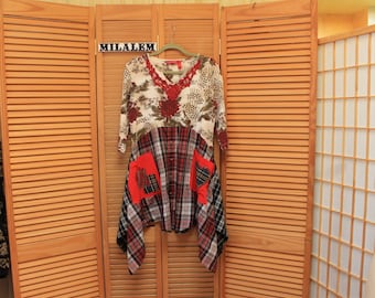 Upcycled Plaid Tunic Top: Boho Chic Patchwork Dress (M-L)