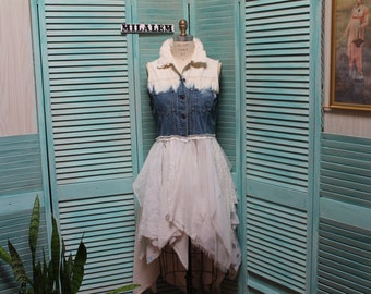 Boho Denim Duster Vest: Romantic Victorian Lace, Medium
