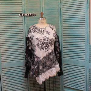 Upcycled Boho Tunic: Puffed Lantern Sleeves, Plus Size XL-1X