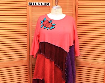 Boho Floral Applique Sweater Dress: Upcycled Plus Size Tunic 2X-3X