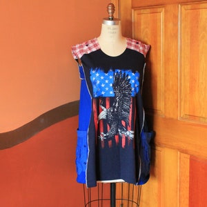 Military pockets tunic dress American Eagle shirt top Sleeveles dress Patriotic Women's printed top Med-Large Rustic country reconstructed image 1