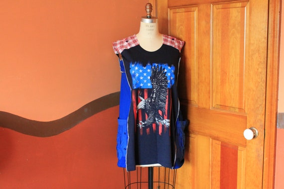 Military pockets tunic dress  American Eagle shirt top Sleeveles dress Patriotic Women's printed top Med-Large Rustic country reconstructed