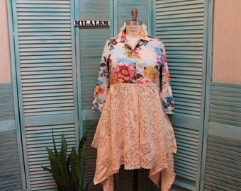 Upcycled Lace Duster: Floral Cotton Boho Tunic, XL-1X