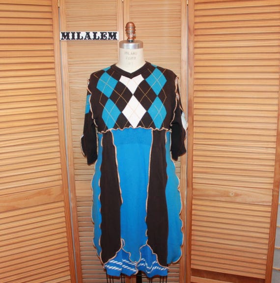 Up cycled Argyle Sweater Dress Cotton Knit: Blue and brown L-XL