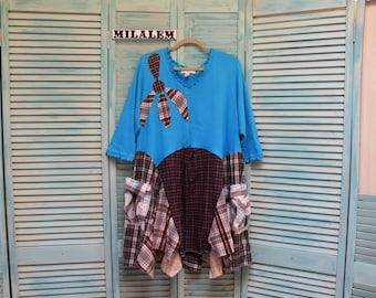 Upcycled Plaid Plus Size Tunic Dress, Boho Chic Clothing 2X-3X