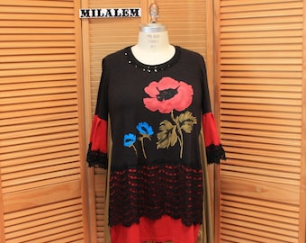 Plus Size Boho Tunic: Red Poppy Flowers, Black Lace, Upcycled 1X-2X