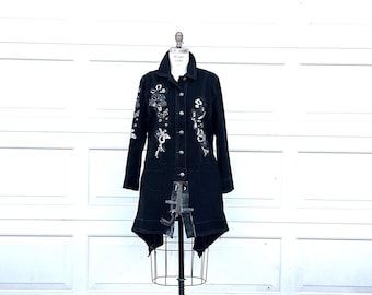 Embellished Denim Coat XL: Steampunk Grunge clothing Black