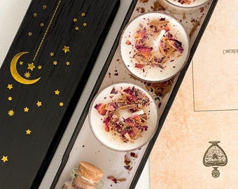 Zestaw do zaklęć miłosnych – 3 ziołowe świece tealight + papier magiczny | 3-dniowy rytuał manifestacji miłości i przyciągania | Artykuły do czarów