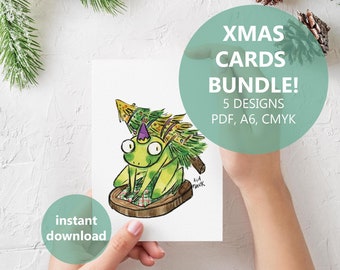 Christmas Cards Bundle, 5 designs - a6 , Instant Download, watercolor original funny Christmas Cards, Digital Christmas Cards