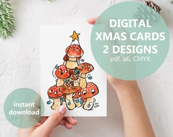 Digital Christmas Cards, 2 designs - size a6, Instant Download, watercolor original funny Christmas Cards, Mushrooms