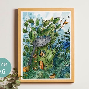 Stampa artistica della casa degli gnomi - Decorazione, illustrazione divertente ad acquerello, - decorazione per bambini - fata, magia