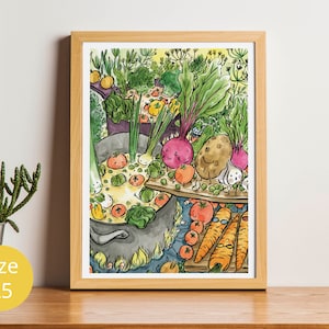 Veggie Print - verduras divertidas - Decoración, divertido, ilustración en acuarela, cocina - Decoración de cocina - vegano