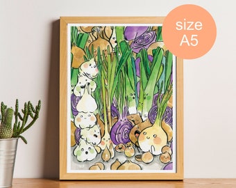 Onion Art Print - funny onions, garlic - watercolor illustration, cooking - Kitchen Decor - vegan