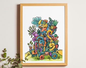 Machine art print - floral, steampunk watercolor illustration, gift, colorful, kids art