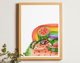 Watermelon - Art print - decor, watercolor illustration, rainbow, colorful, ladybug