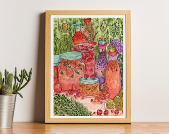 Juice Print - funny pumpkins, nuts - Decor, funny, watercolor illustration, cooking - Kitchen Decor - vegan
