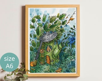 Gnome House Art Print - Decor, funny, watercolor illustration, - kids decor - fairy, magic