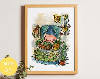 Piggy - Art print - Decor, funny, watercolor illustration, animal, garden - Spring