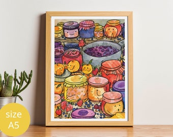 Jam Print - funny jars of jam - Decor, funny, watercolor illustration, cooking - Kitchen Decor - vegan