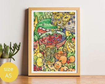 Fruit Print - funny fruits - Decor, funny, watercolor illustration, cooking - Kitchen Decor - vegan