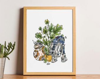 R2D2 and BB8 Art Print -  watercolor illustration, card A6, gift