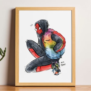 Wydruk artystyczny Spider-Man - tęczowy Spiderman, ilustracja akwarelowa, kartka A6, prezent
